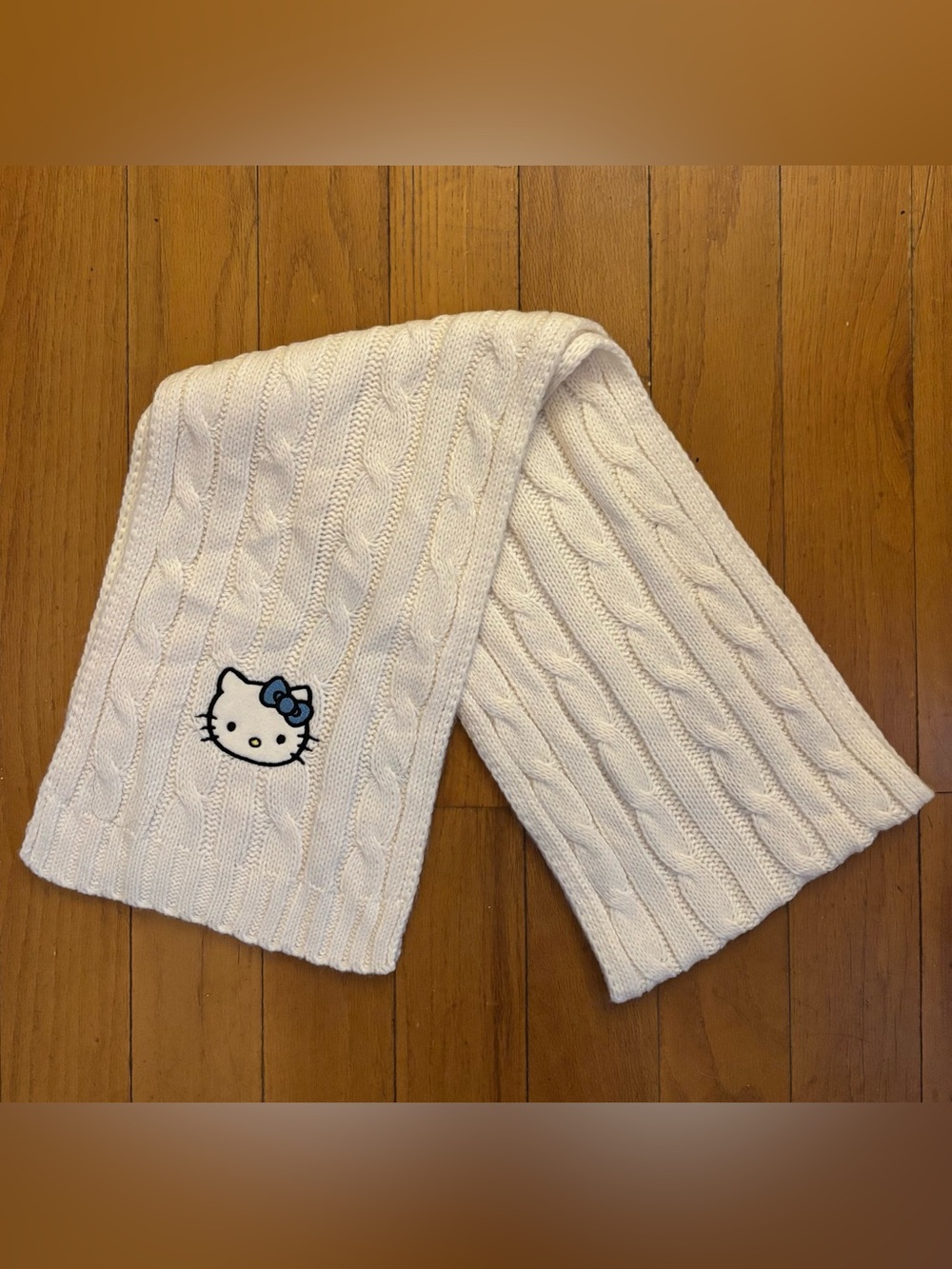 Hello Kitty White Cable Knit Scarf with Blue Bow Patch